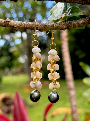 2.5” Niihau Shell + 14k Gold + Tahitian Pearl Earrings
