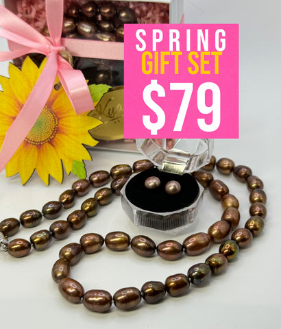 $79 SPRING SALE • 24” Chocolate Pearl Necklace + Earring Set