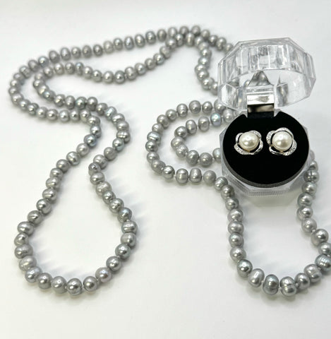 48” SILVER PEARL NECKLACE + EARRING SET