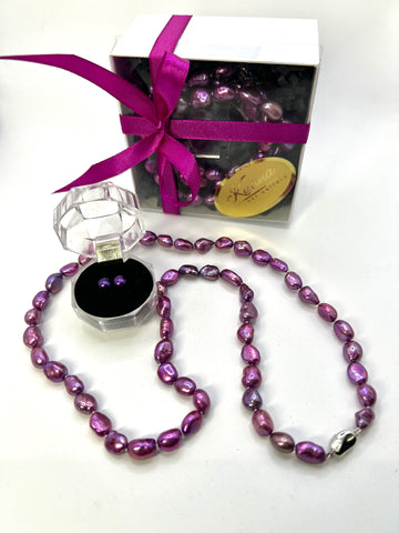24 INCH PURPLE FRESHWATER NUGGET PEARL NECKLACE + EARRING SET