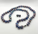32 INCH BLUE SILVER PEARL NECKLACE + EARRING SET