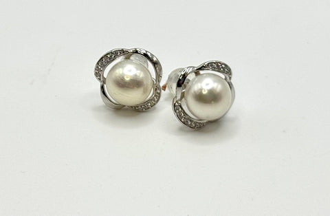 8-9mm White Pearl + Silver Stud Earrings