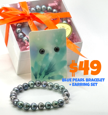 (8”) BLUE PEARL BRACELET + EARRING GIFT SET